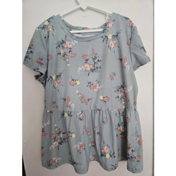 * SWEET TEA’S Blue Green Floral Print Peplum Short Sleeved Top Ladies SMALL - Picture 1 of 3